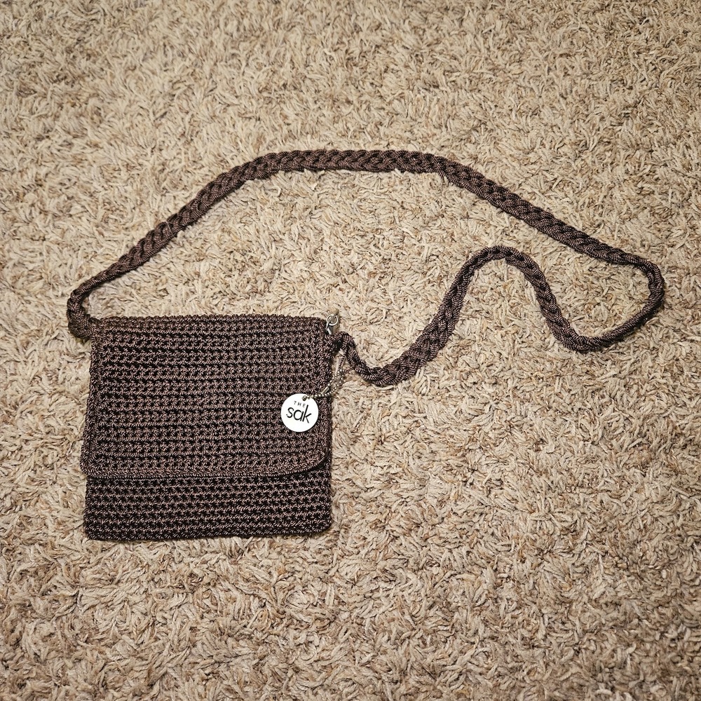 The Sak Brown Crochet Knit Flap Crossbody Bag Purse Small Boho Classic